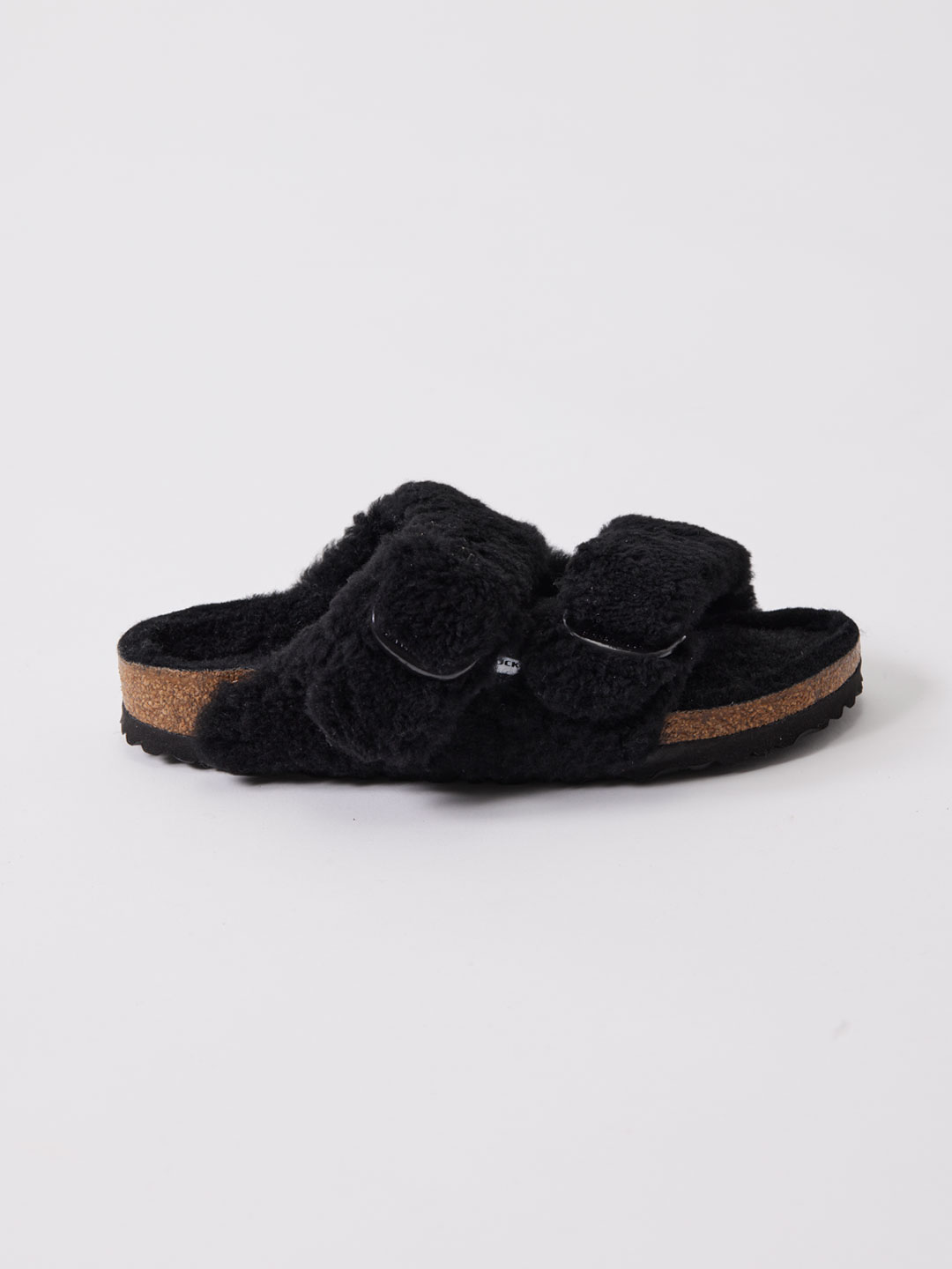 Arizona Big Buckle Shearling Teddy Sandals - Black