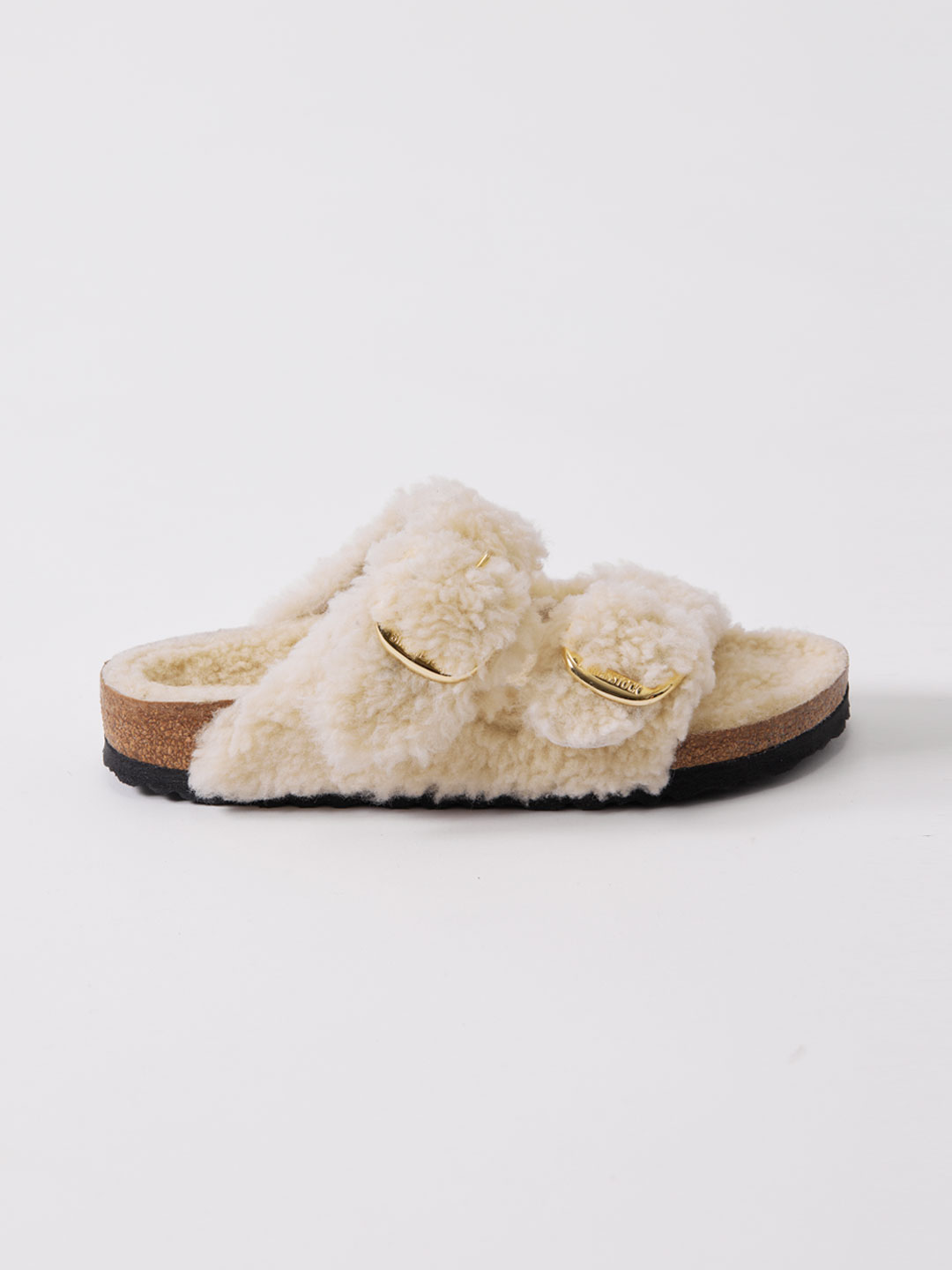 Arizona Big Buckle Shearling Teddy Sandals - Natural
