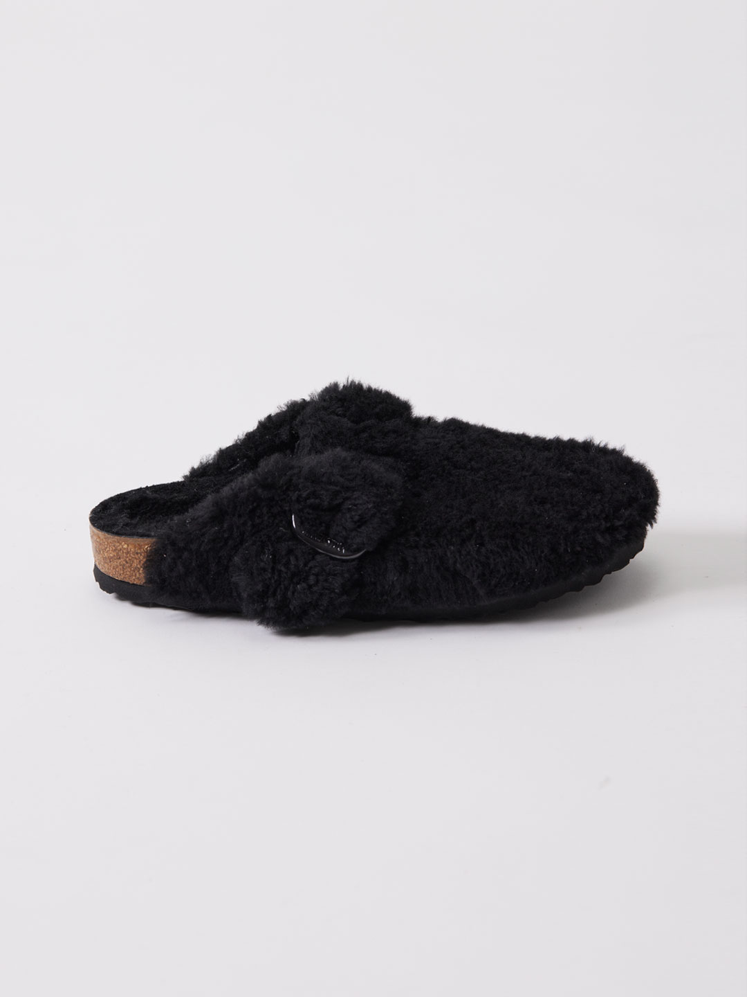 Boston Big Buckle Shearling Teddy Sandals - Black