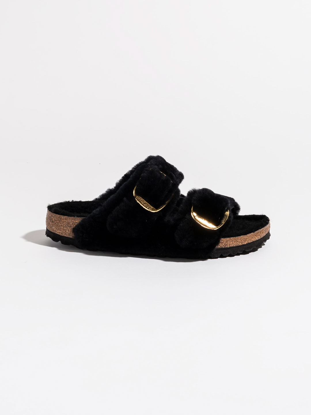Arizona Gold Big Buckle Shearling Teddy Sandals - Black