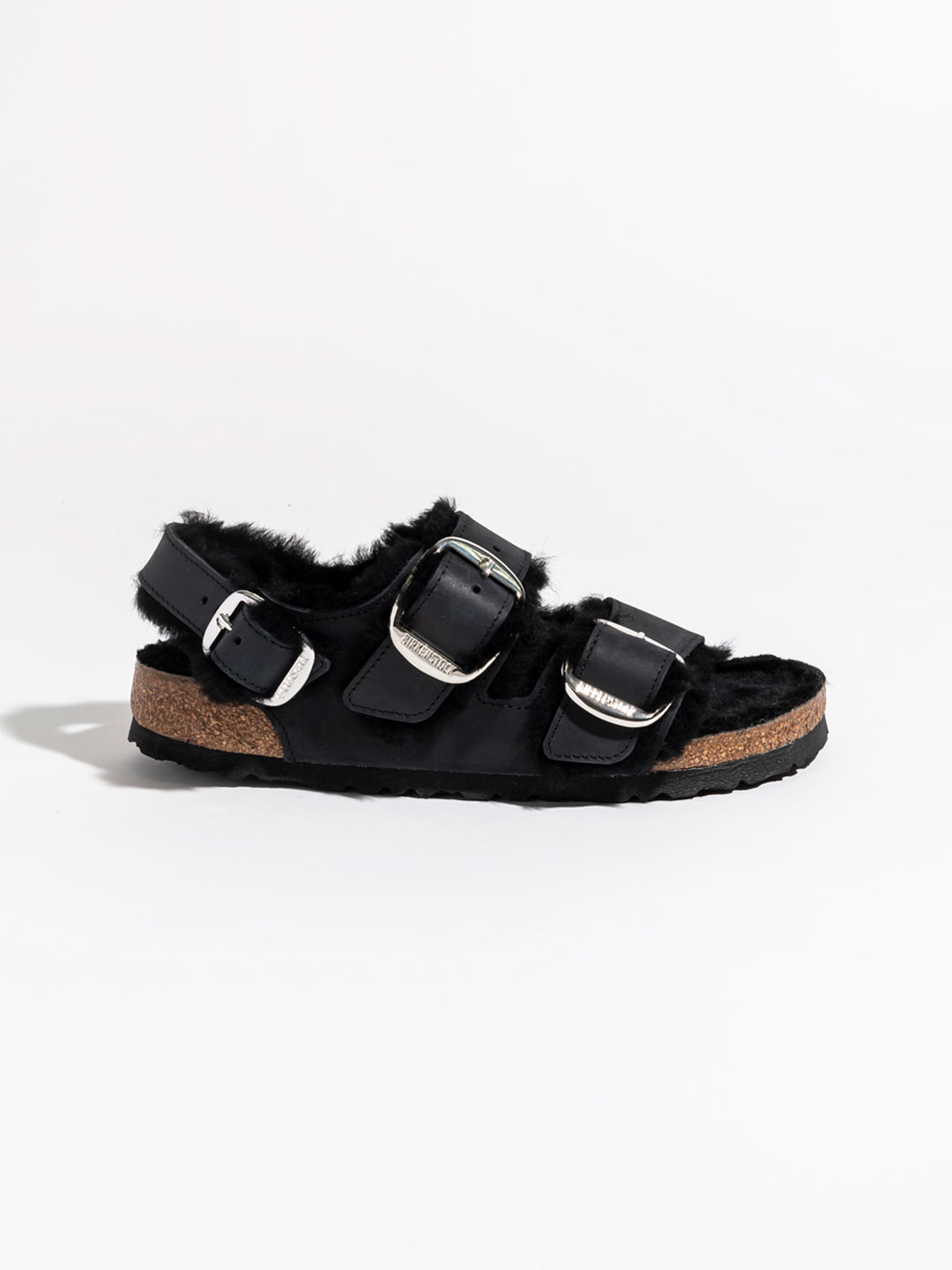 Milano Big Buckle Shearling Sandals - Black