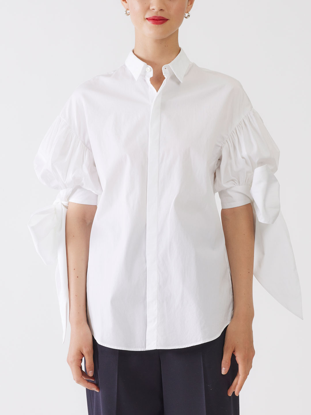 AMOUREUSE Long Ribbon Tied Shirt - White