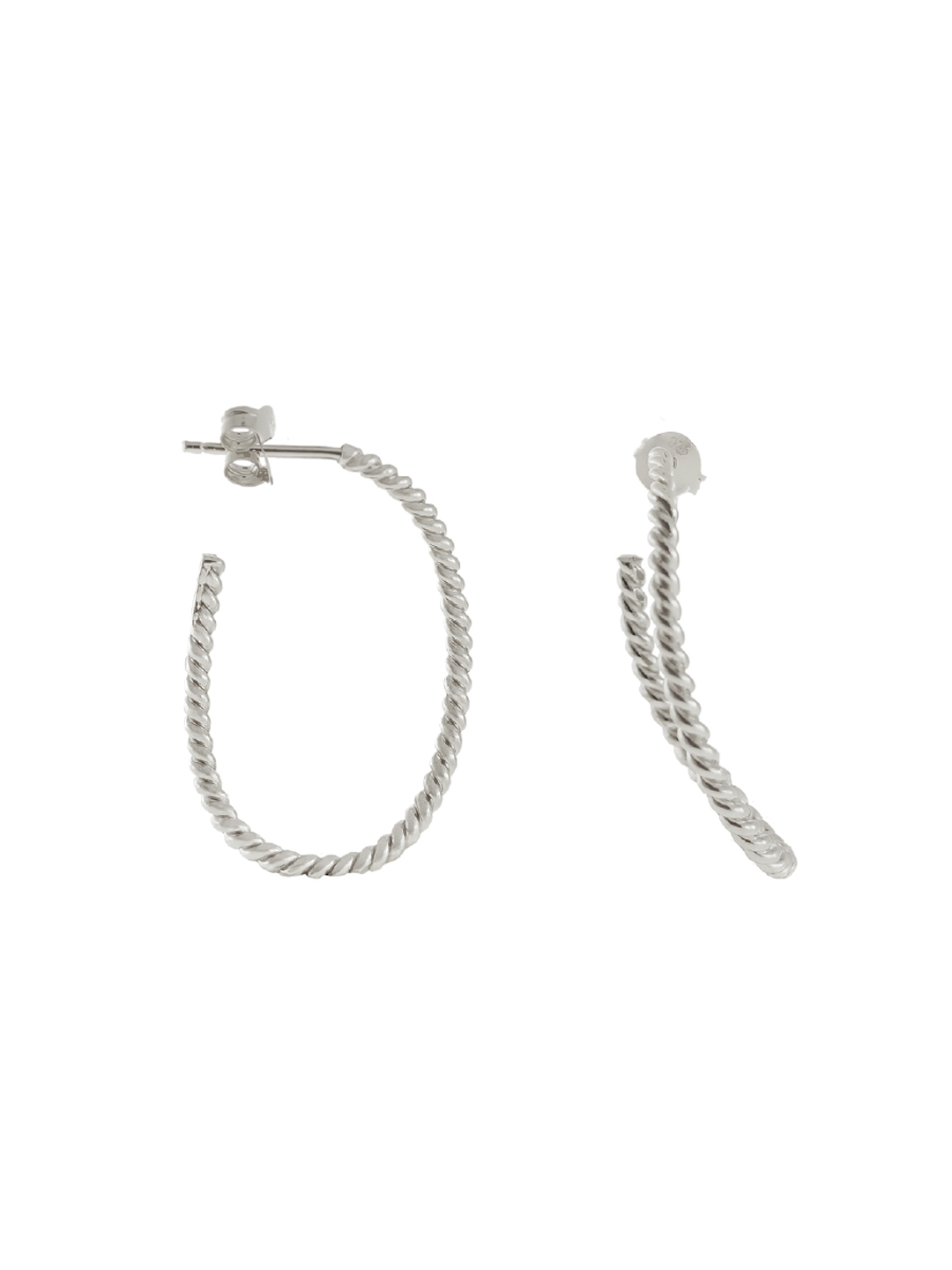 Twisted Elongated Hoop Pierced Earrings - Silver