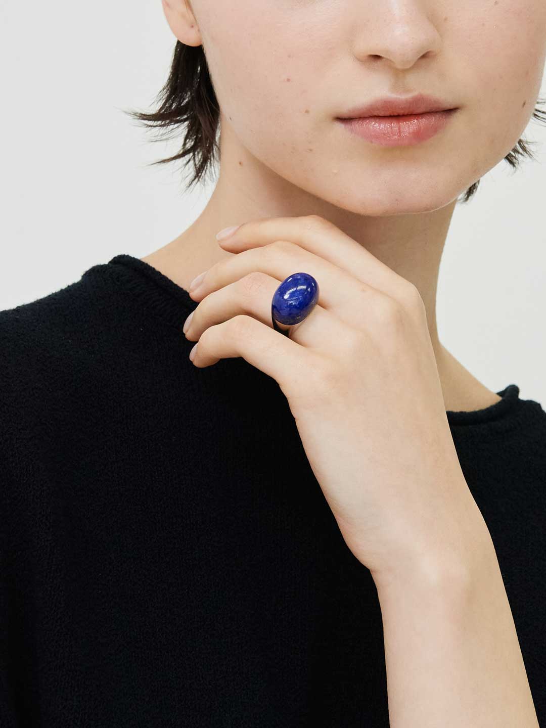 Rock Ring Round Lapis Lazuli  - Silver