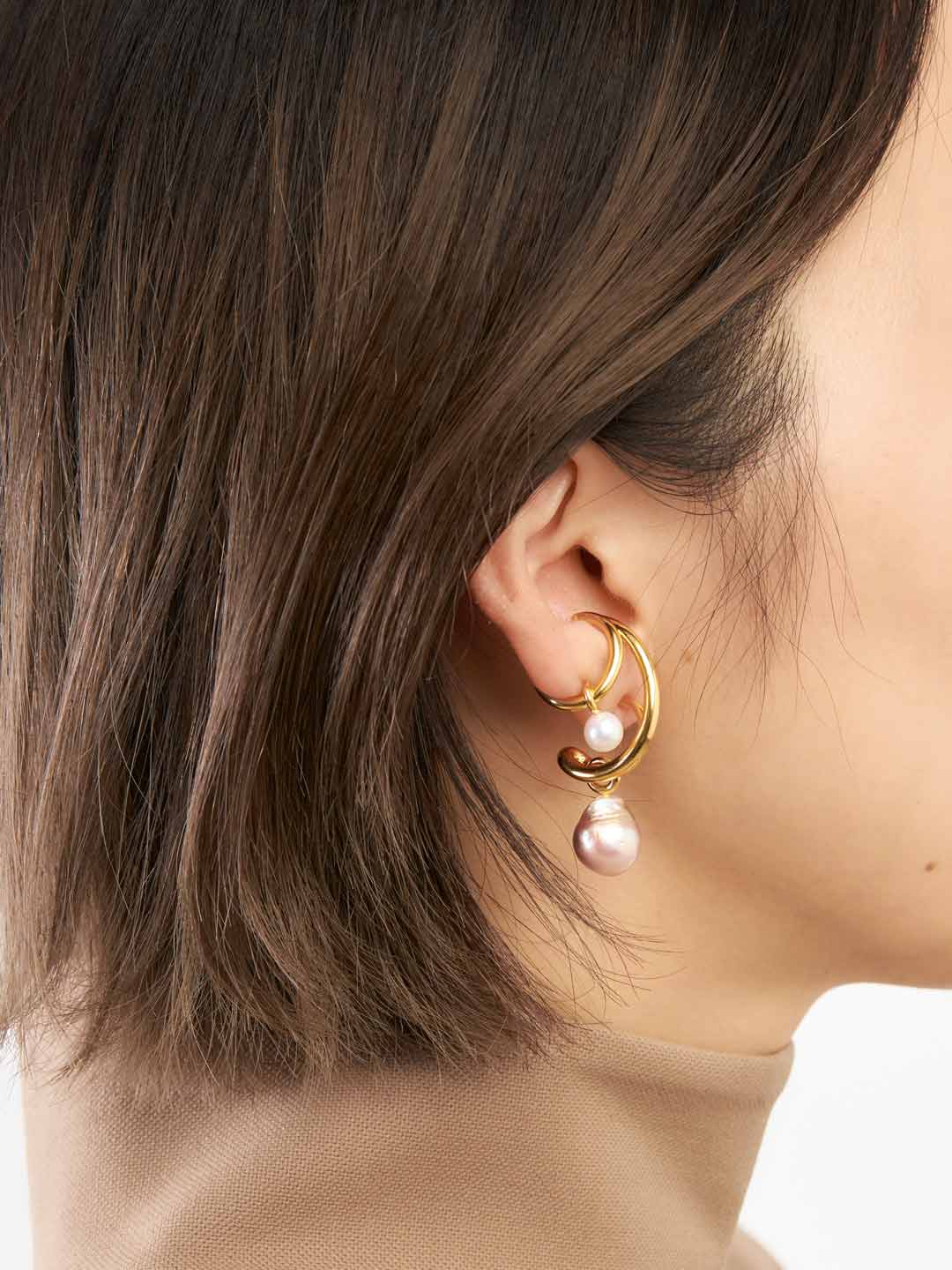 Pearl Triplet Pierced Earring RIGHT - Yellow Gold