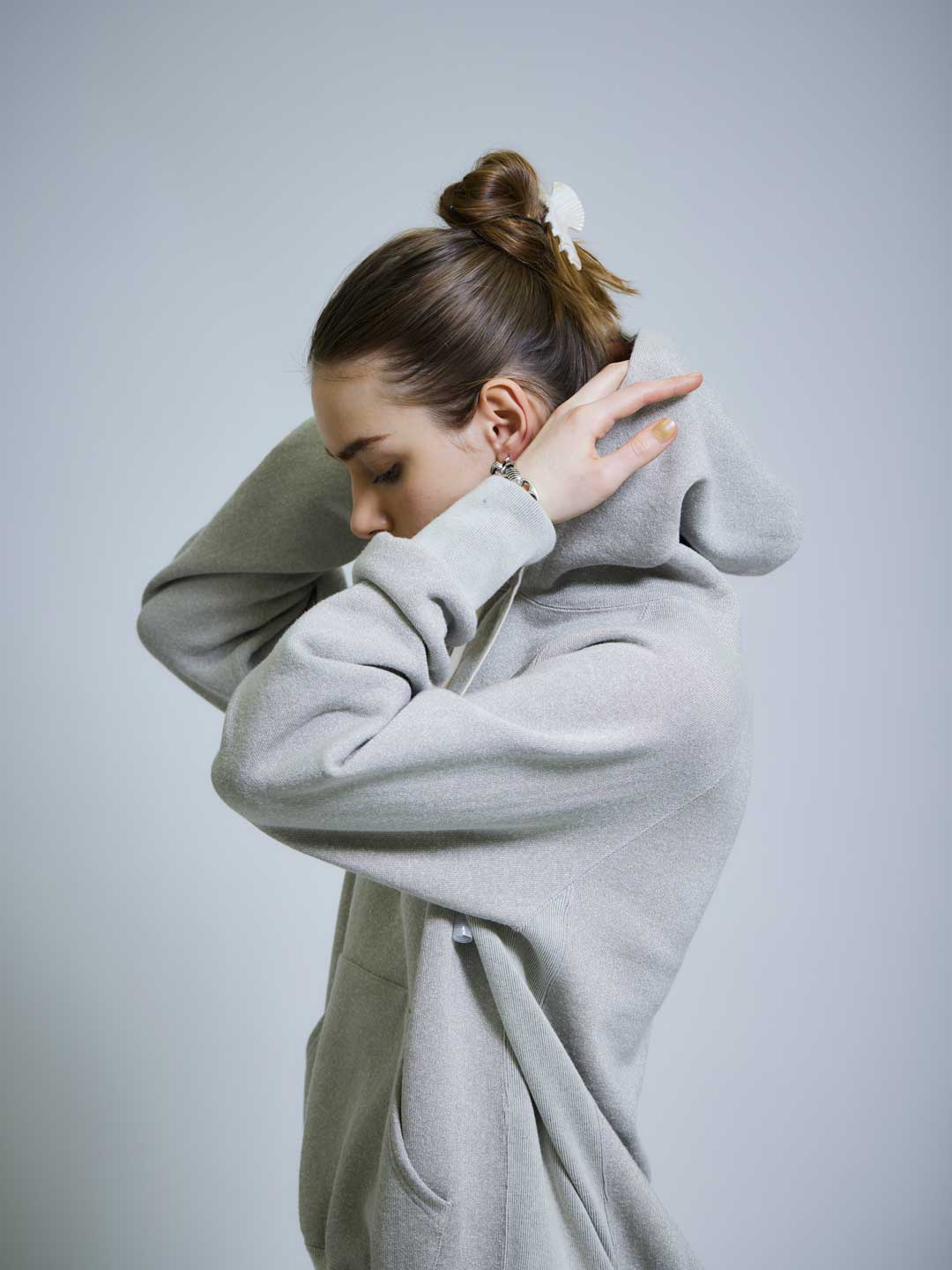 Cotton Lurex Fleece Back Hoodie Top - Silver