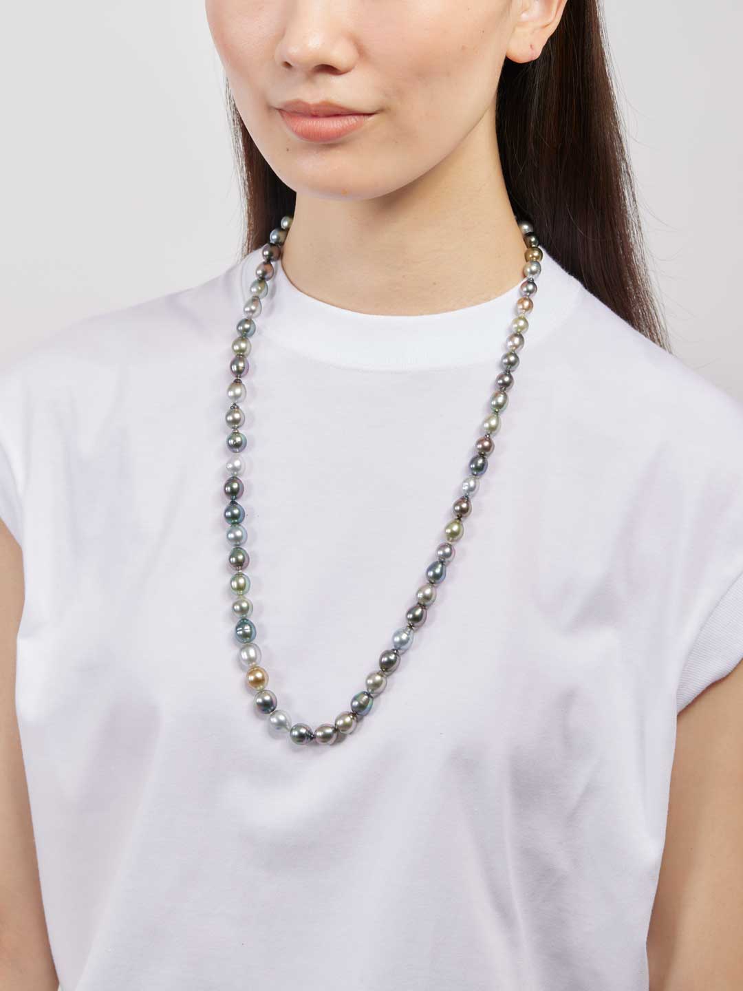 Tahitian Multi Coloured Pearl Necklace 75cm  - Silver