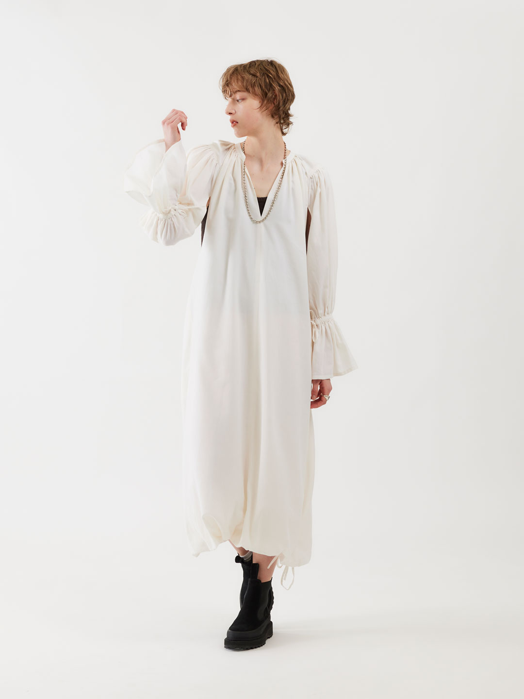 Gathered Sleeve Folk Dress - Off White