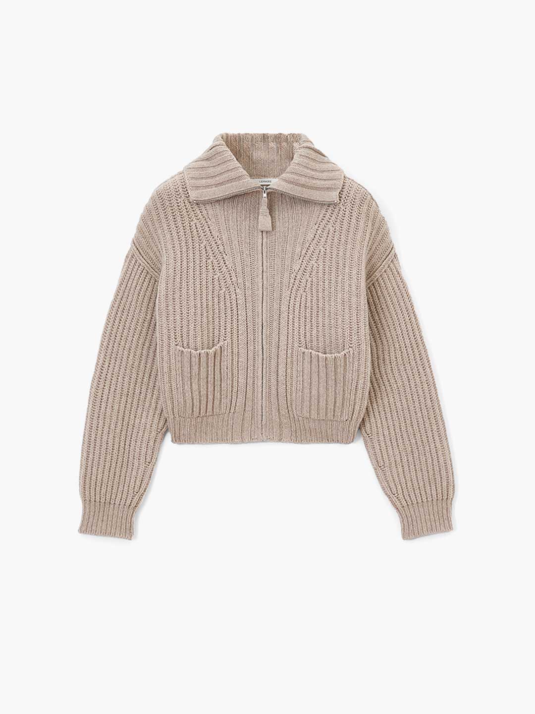 Trucker Collar Zipped Cardigan - Beige