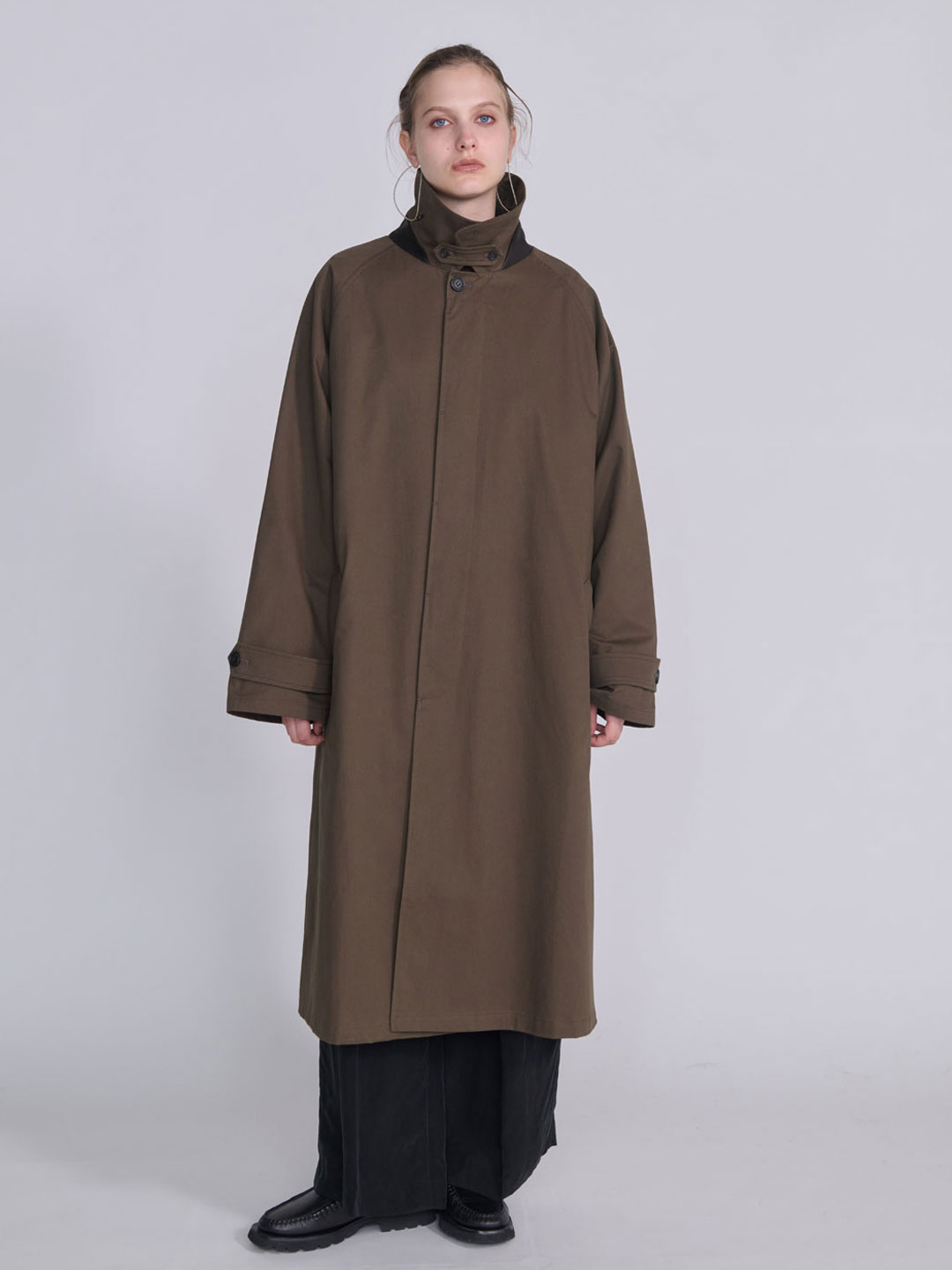 Oversized Raglan Trench With Leather Patch - Khaki
