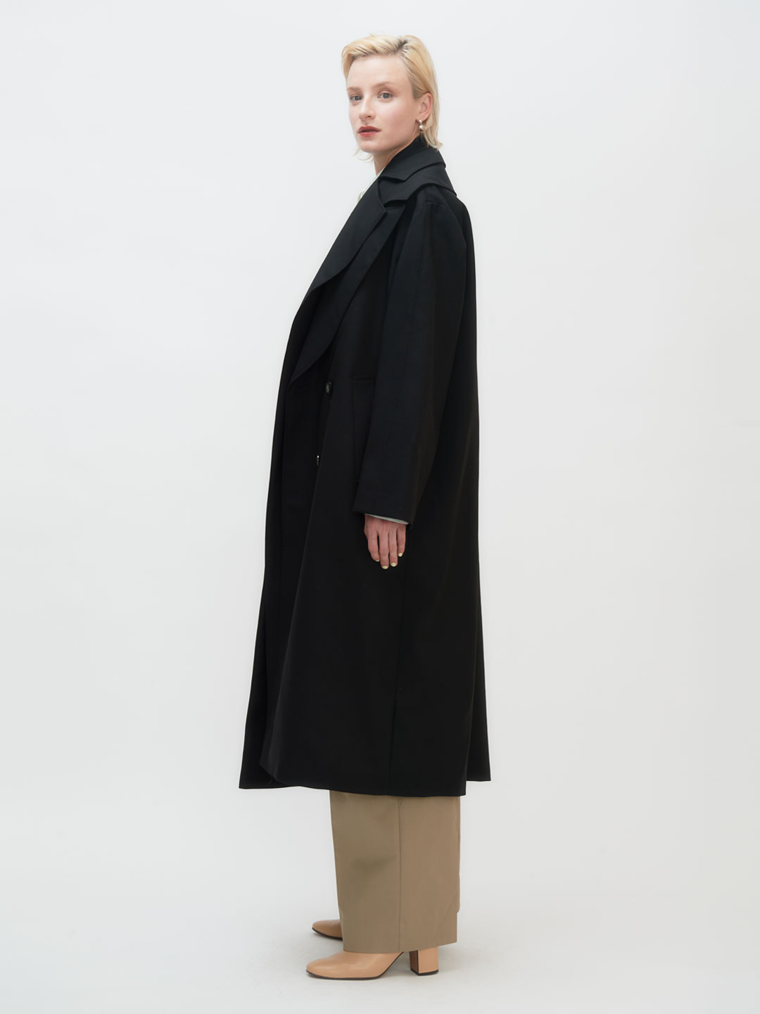 Wool Tailoring Scarf Coat - Black