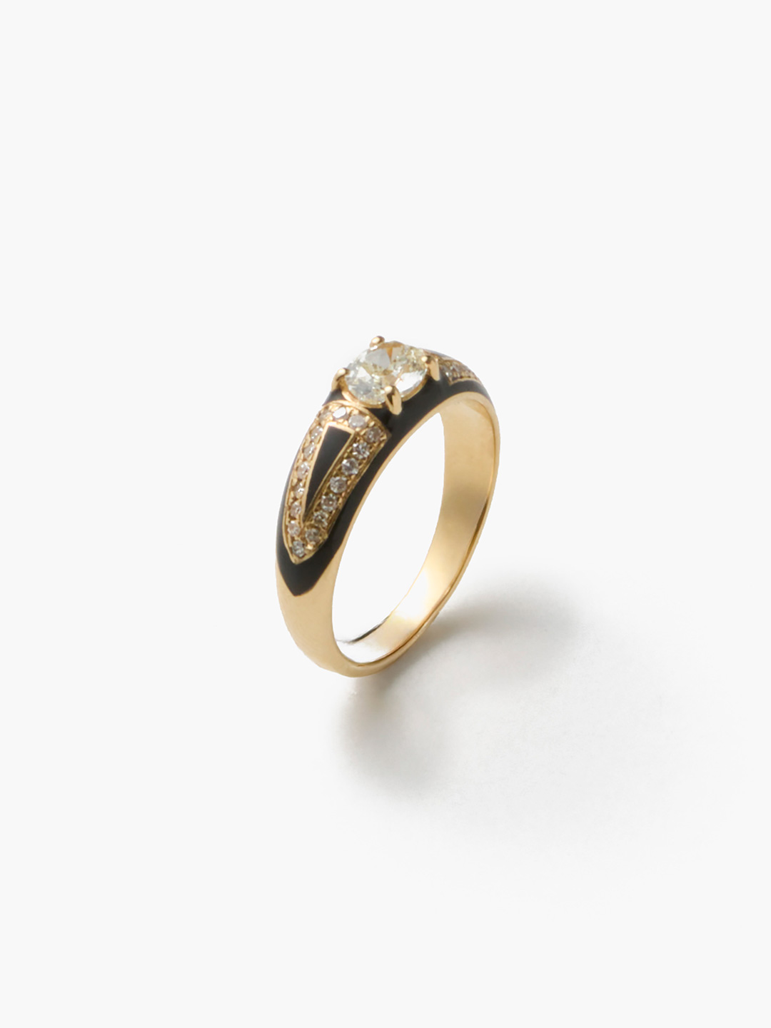 白露 K18 Oval Diamond And Pave With Enamel Pinky Ring 【gm023】 - Yellow Gold