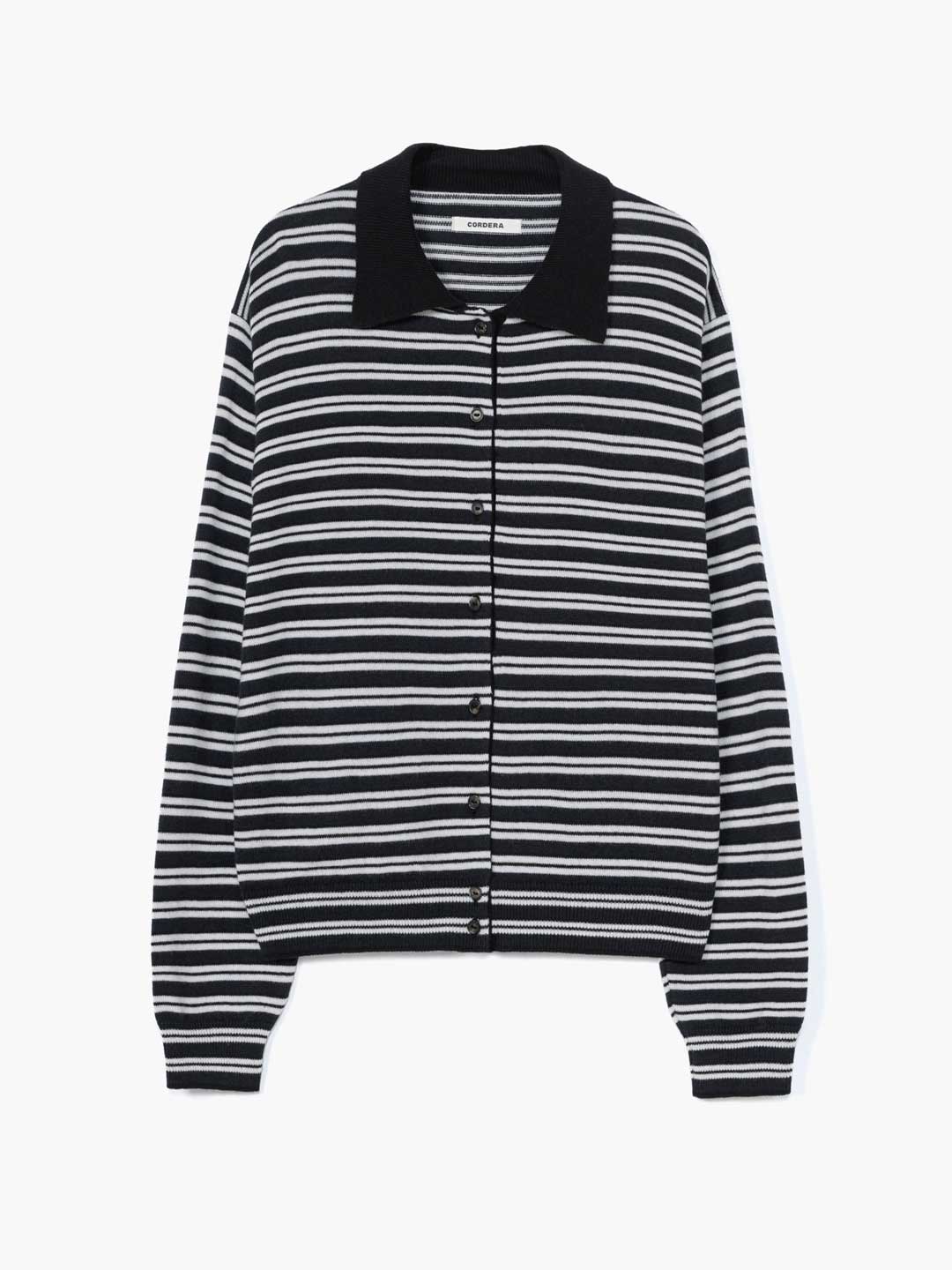 Merino Wool Striped Polo Cardigan - Black