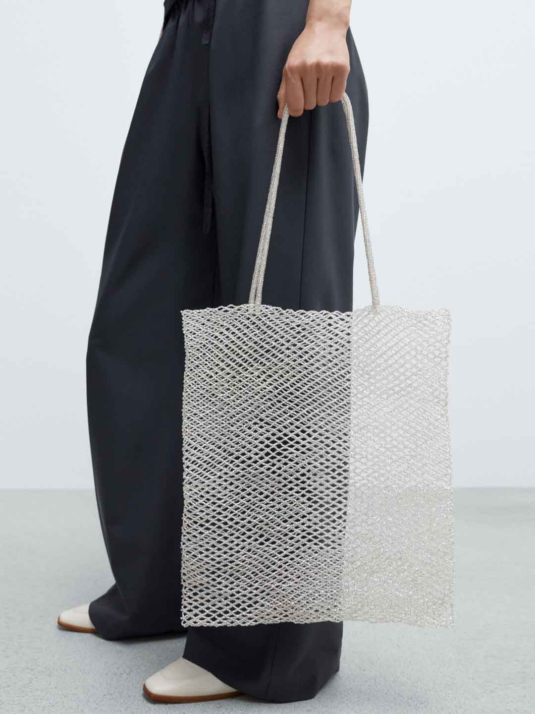Handmade Beaded Tote Bag - Silver