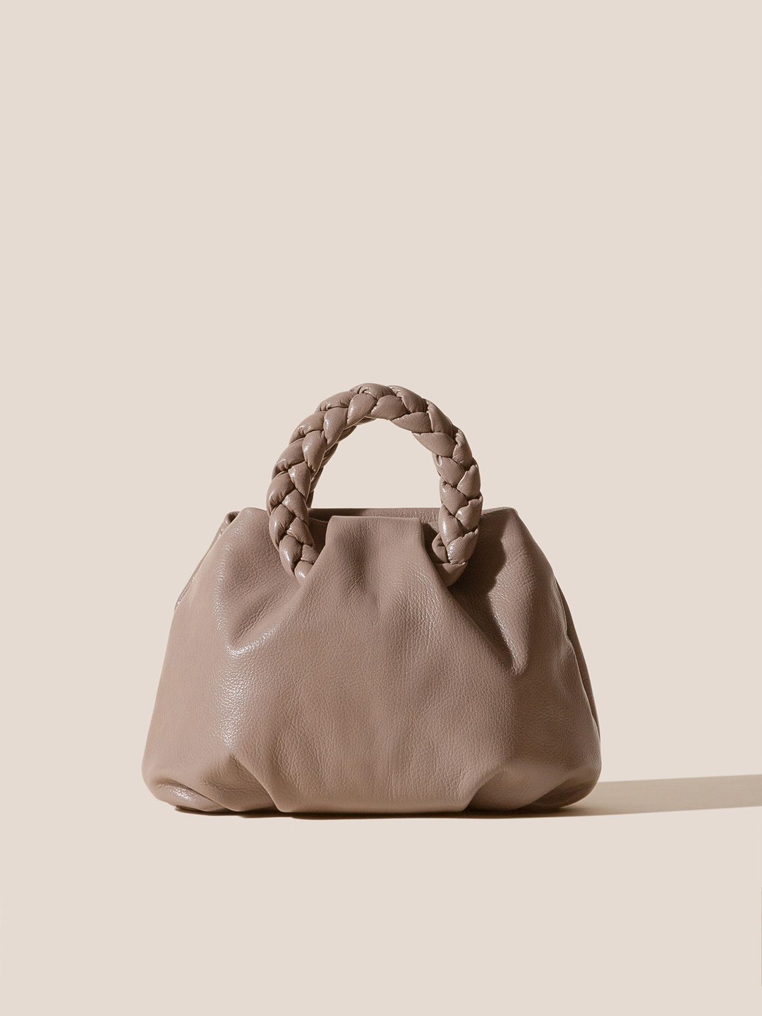 BOMBON M SUPPLE SHINY - Plaited-handle Leather Handbag - Taupe