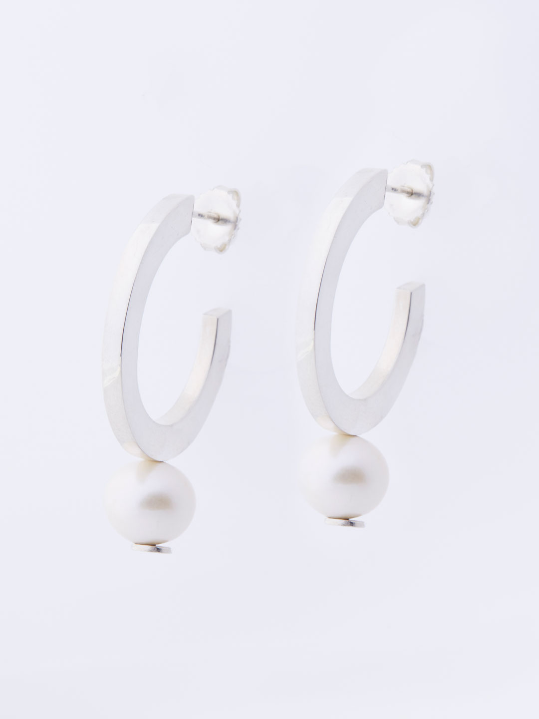 Square Hoop Earrings Pearl Pierced Earrings - Silver