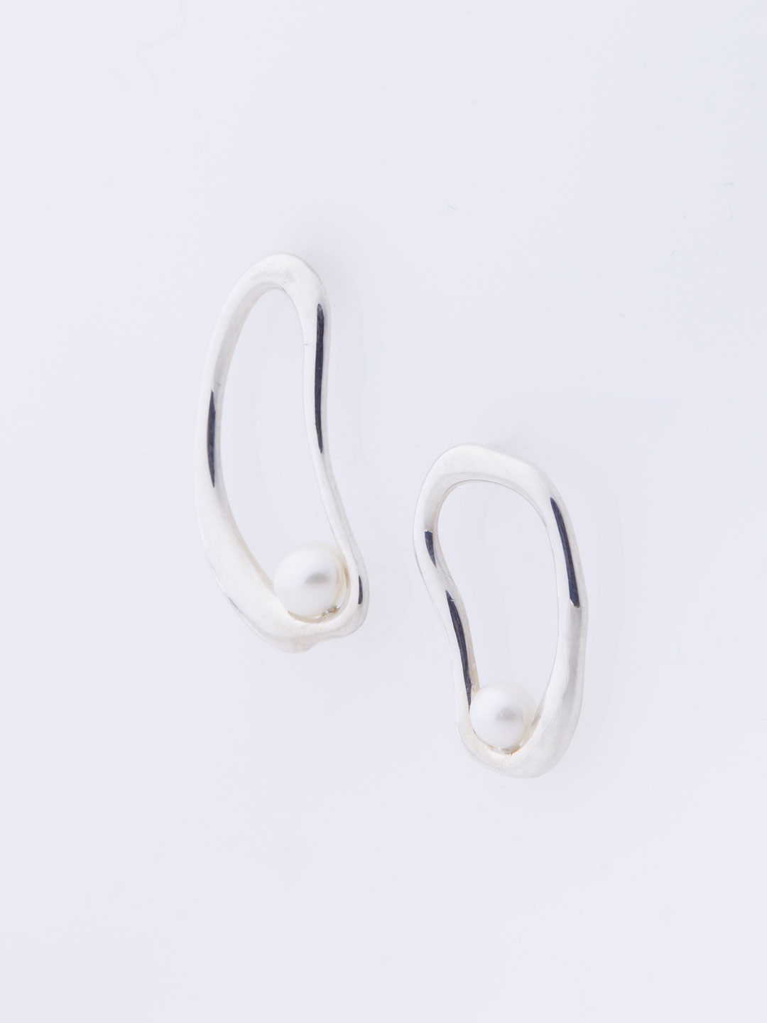 Nested Pearl Oval Stud Pierced Earrings - Silver