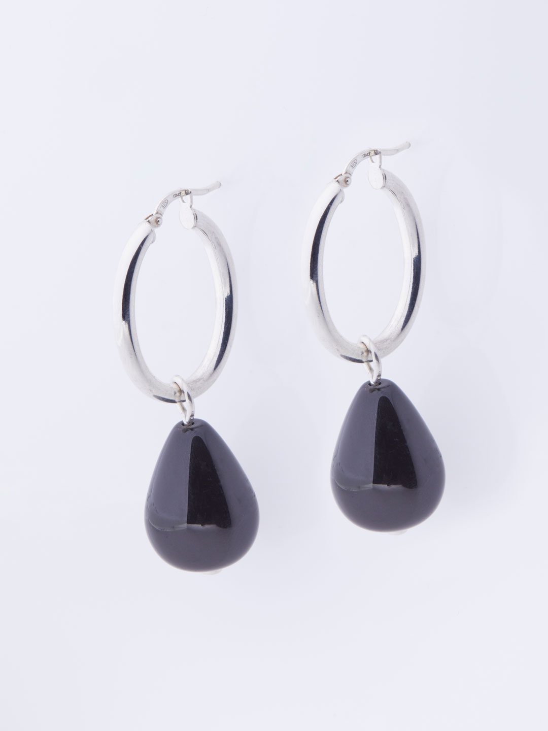 Teardrop Onyx Charm Hoops Pierced Earrings - Silver