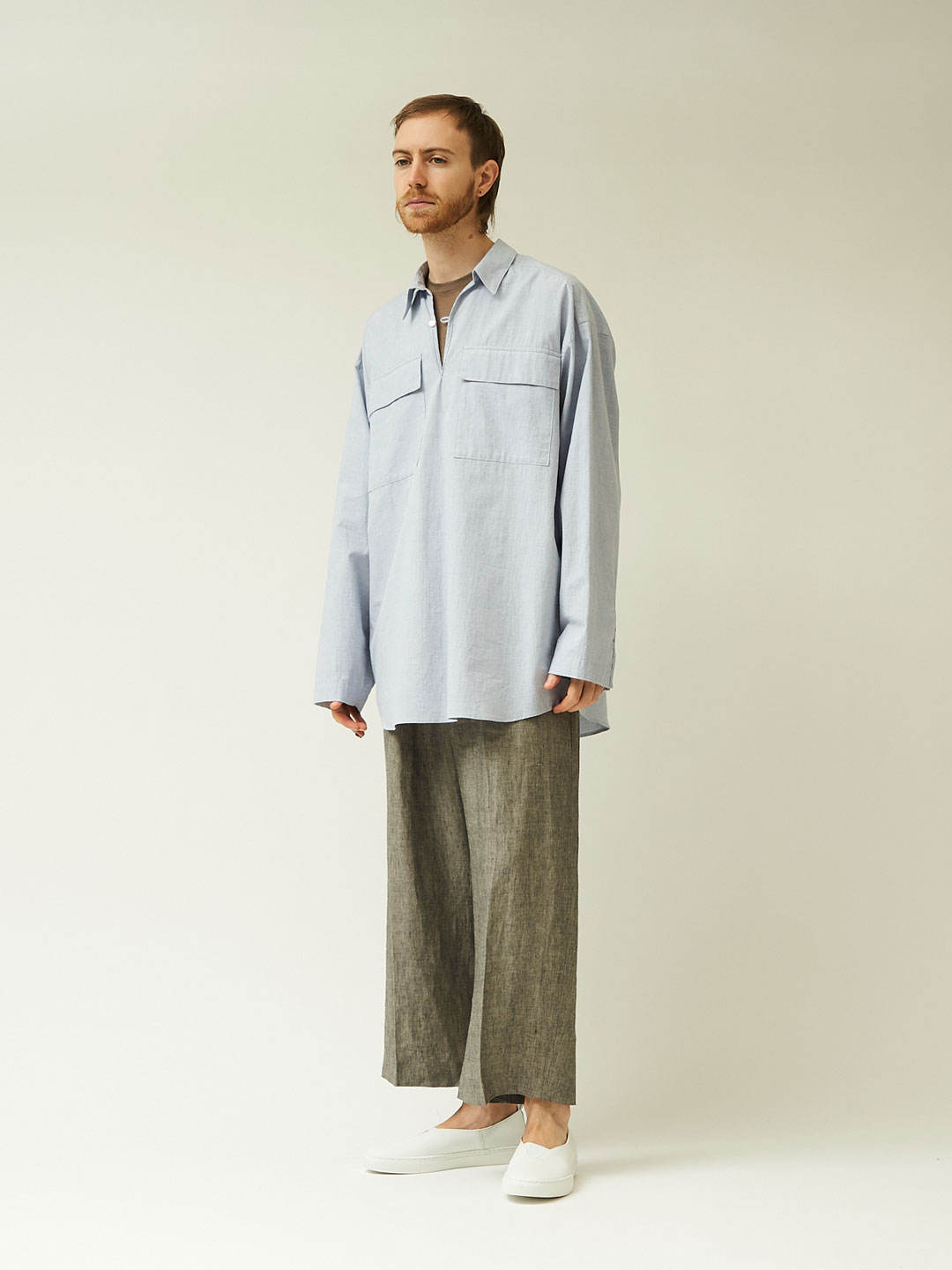 Cotton Gatherd Pull-Over Shirt - Light Blue