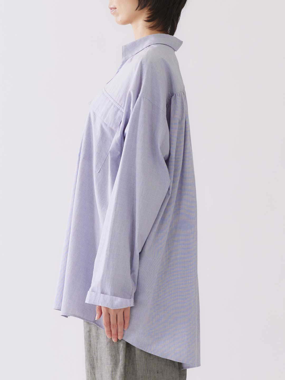 Cotton Gatherd Pull-Over Shirt - Light Blue