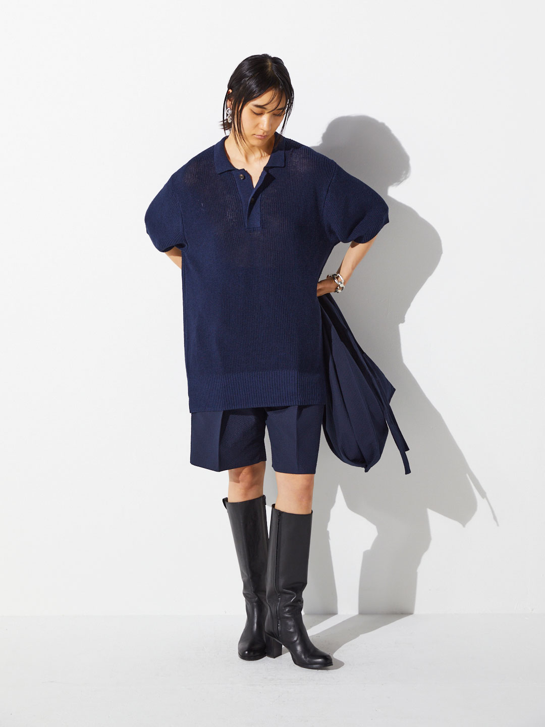 Washi Paper Wool Knit Polo - Navy