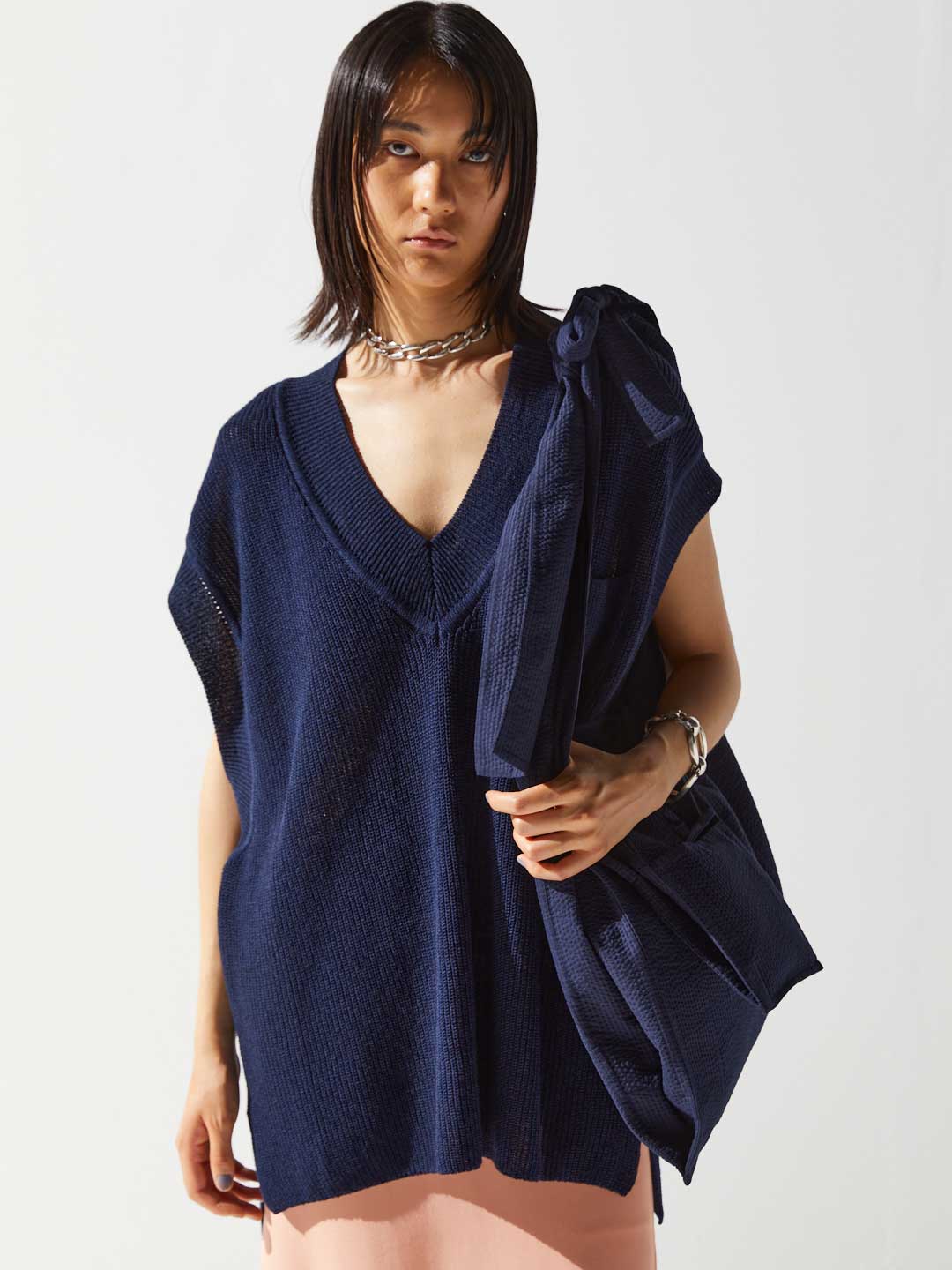 Washi Paper Wool Knit Vest - Navy