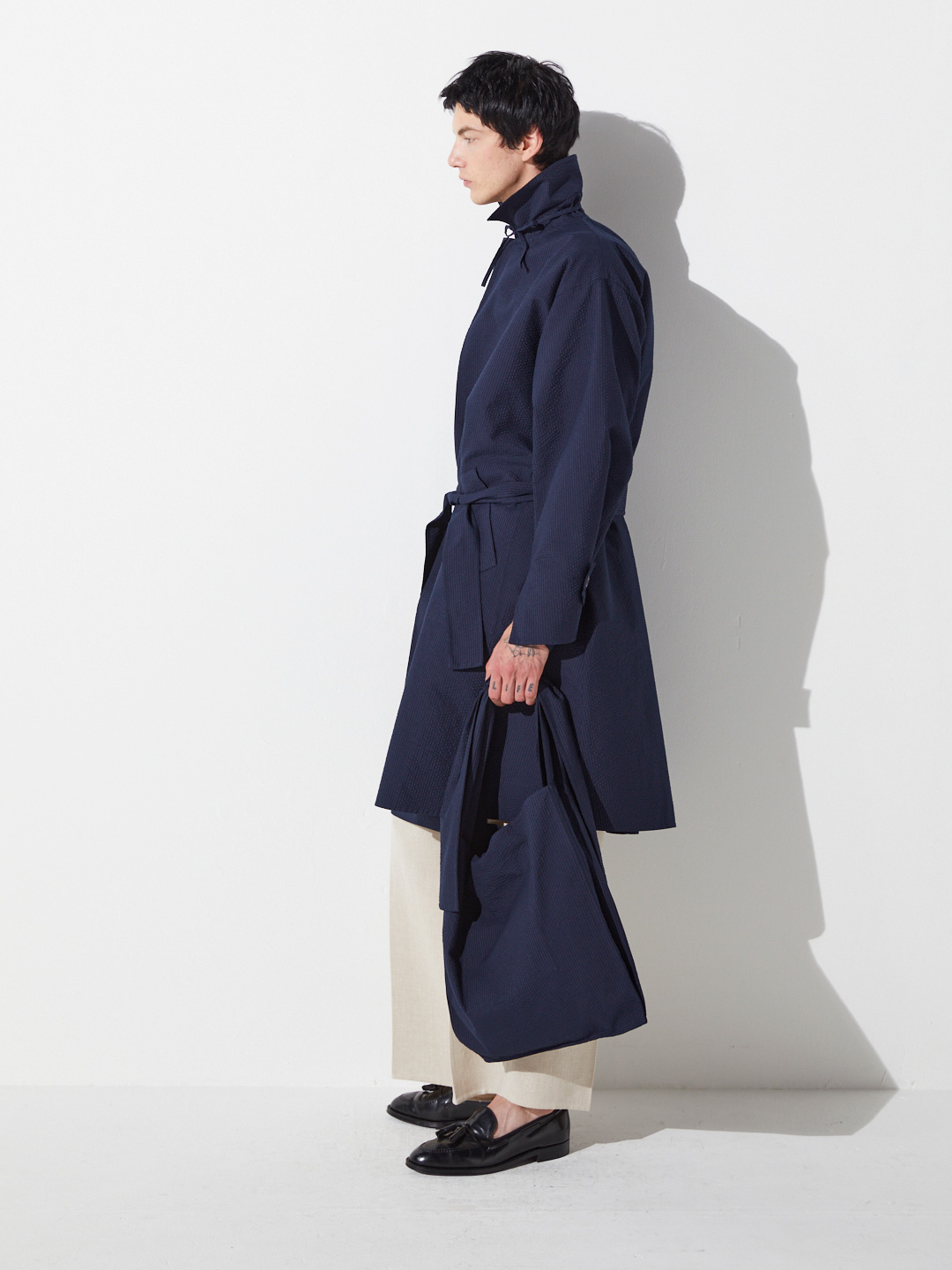 Cotton Silk Sucker Rever Bal Collar Coat - Navy