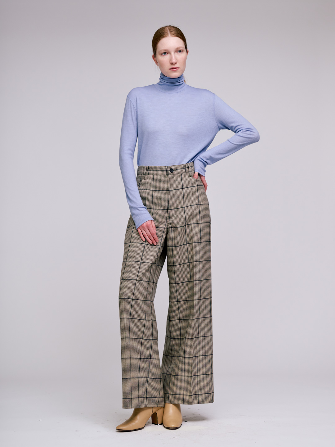 Wool 5-Pockets Trousers-Beige Check