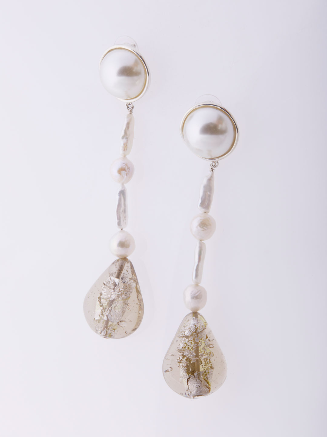 Assemblage Pearl Drop Pierced Earrings Short  - Silver