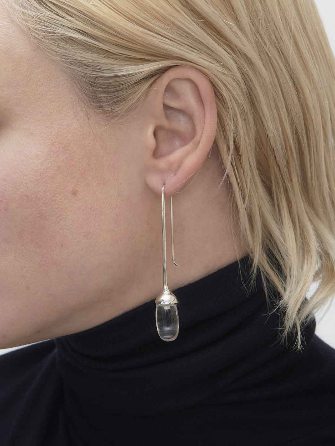 Quartz Long Dripping Stone Pierced Earrings - Silver
