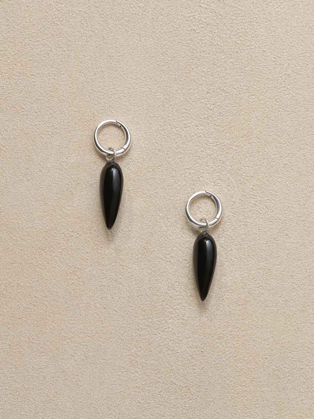 Tiny Spear Hoops Pierced Earrings, Onyx - Silver