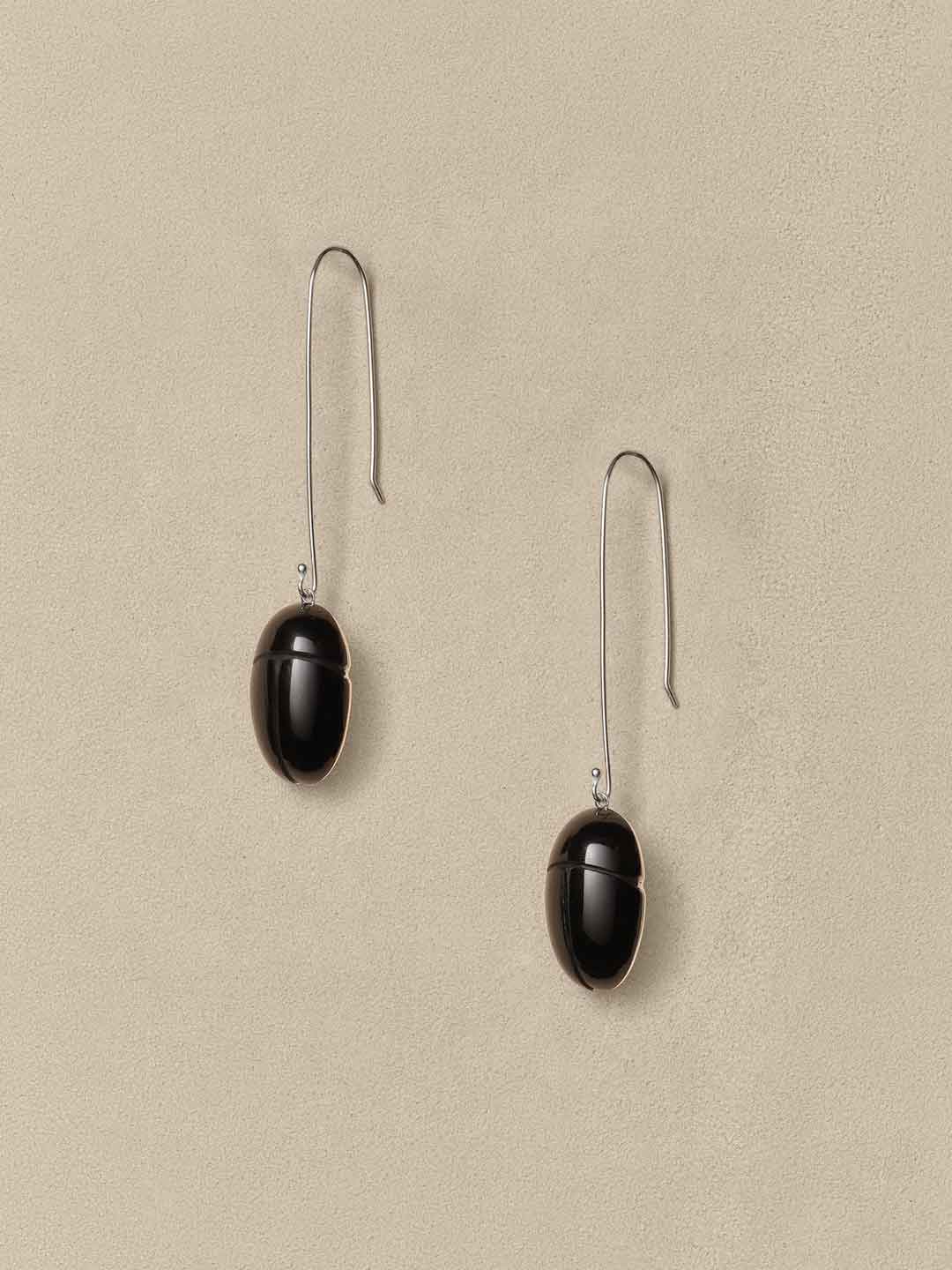 Scarab Drop Pierced Earrings Onyx - Silver