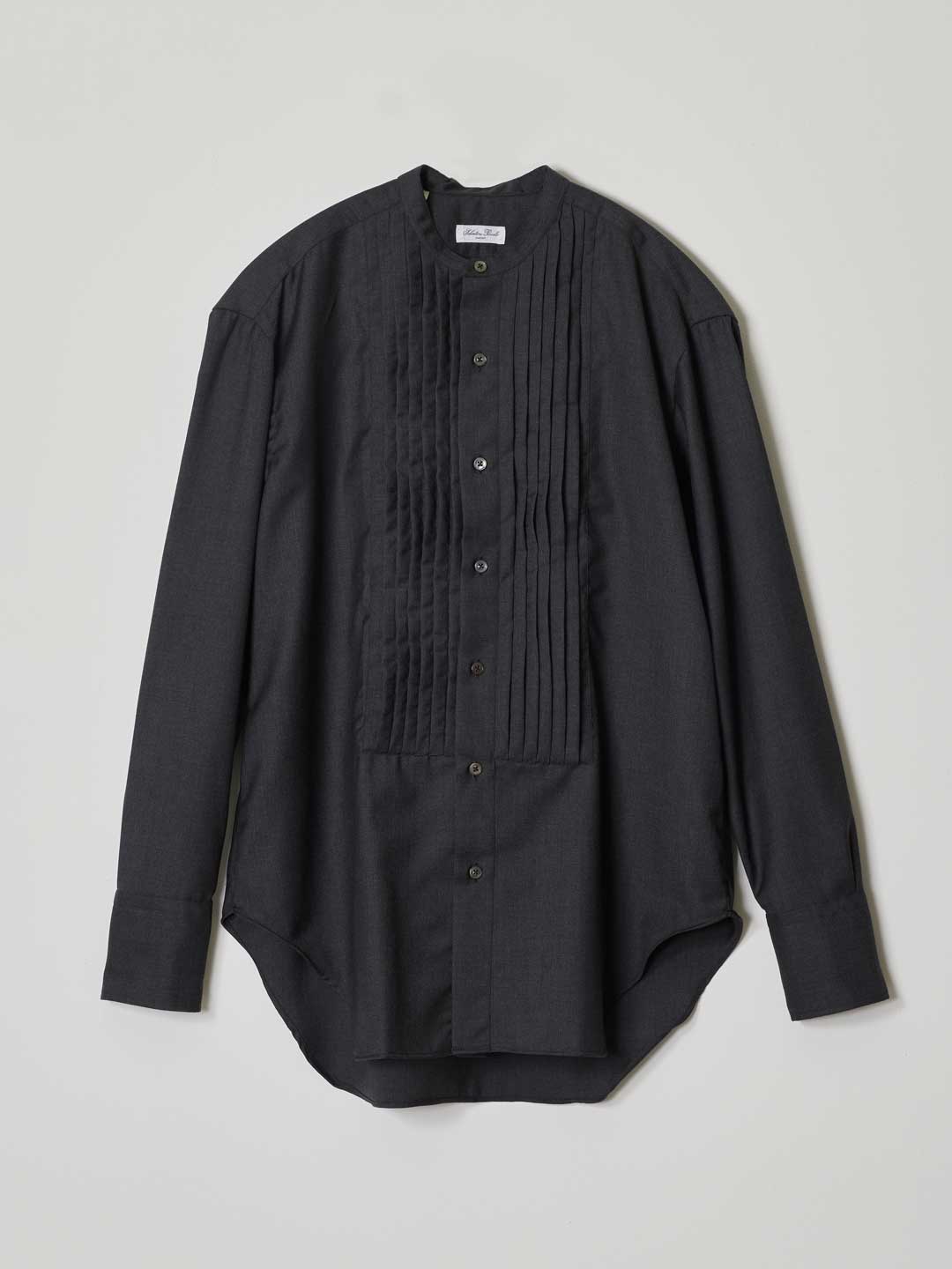 Smocking Band Collar Wool Shirt - Dark Gray