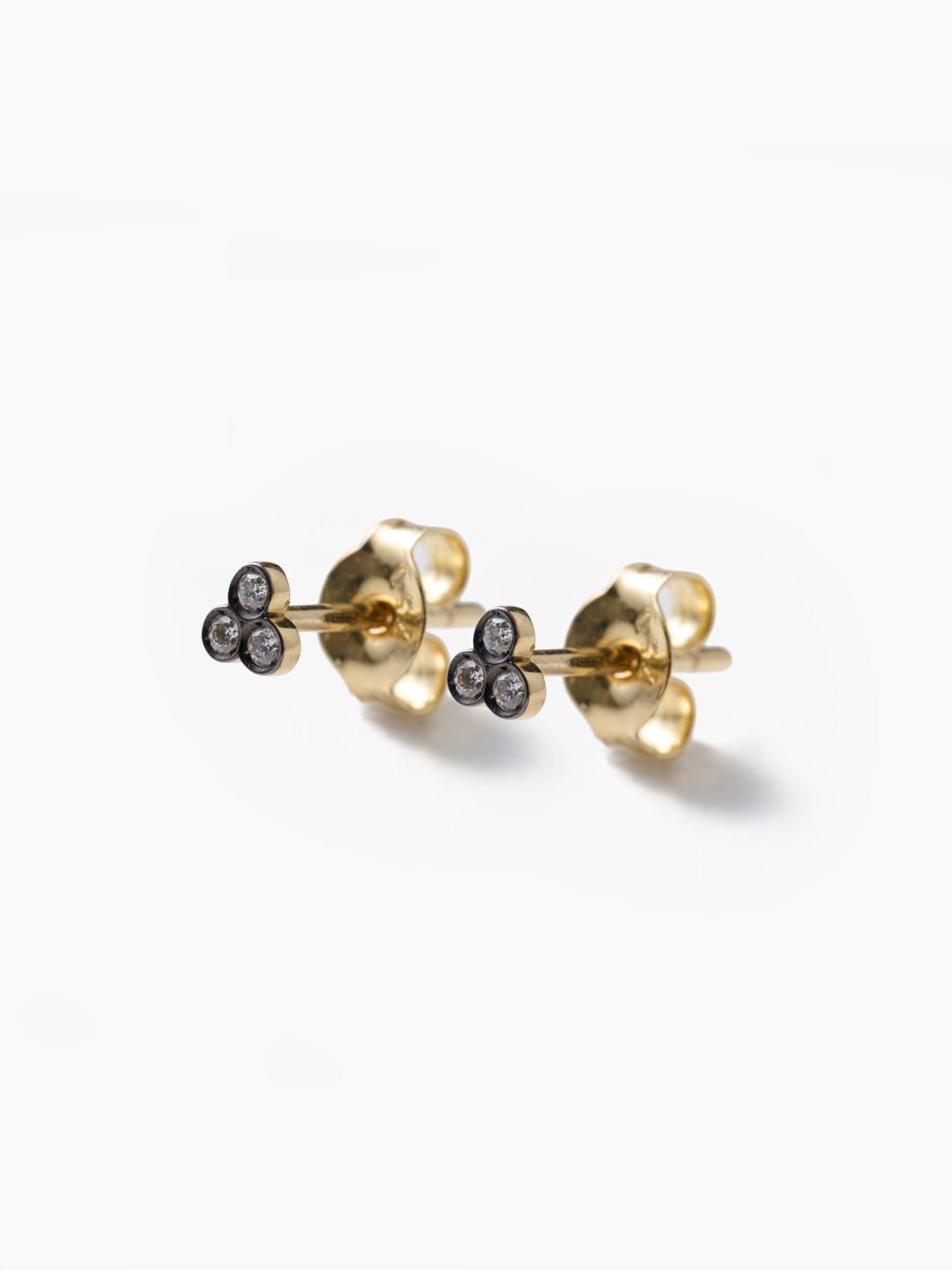 Three Diamond Stud Pierced Earring  - Yellow Gold